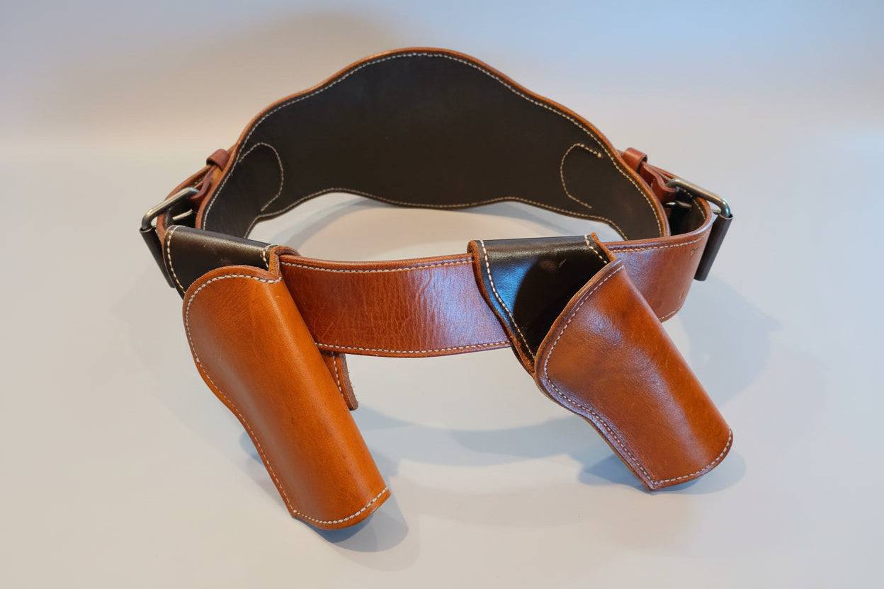 Custom Leather Cowboy Mounted Shooting Holster & Belt Set – Hand-Stitched Match Grade