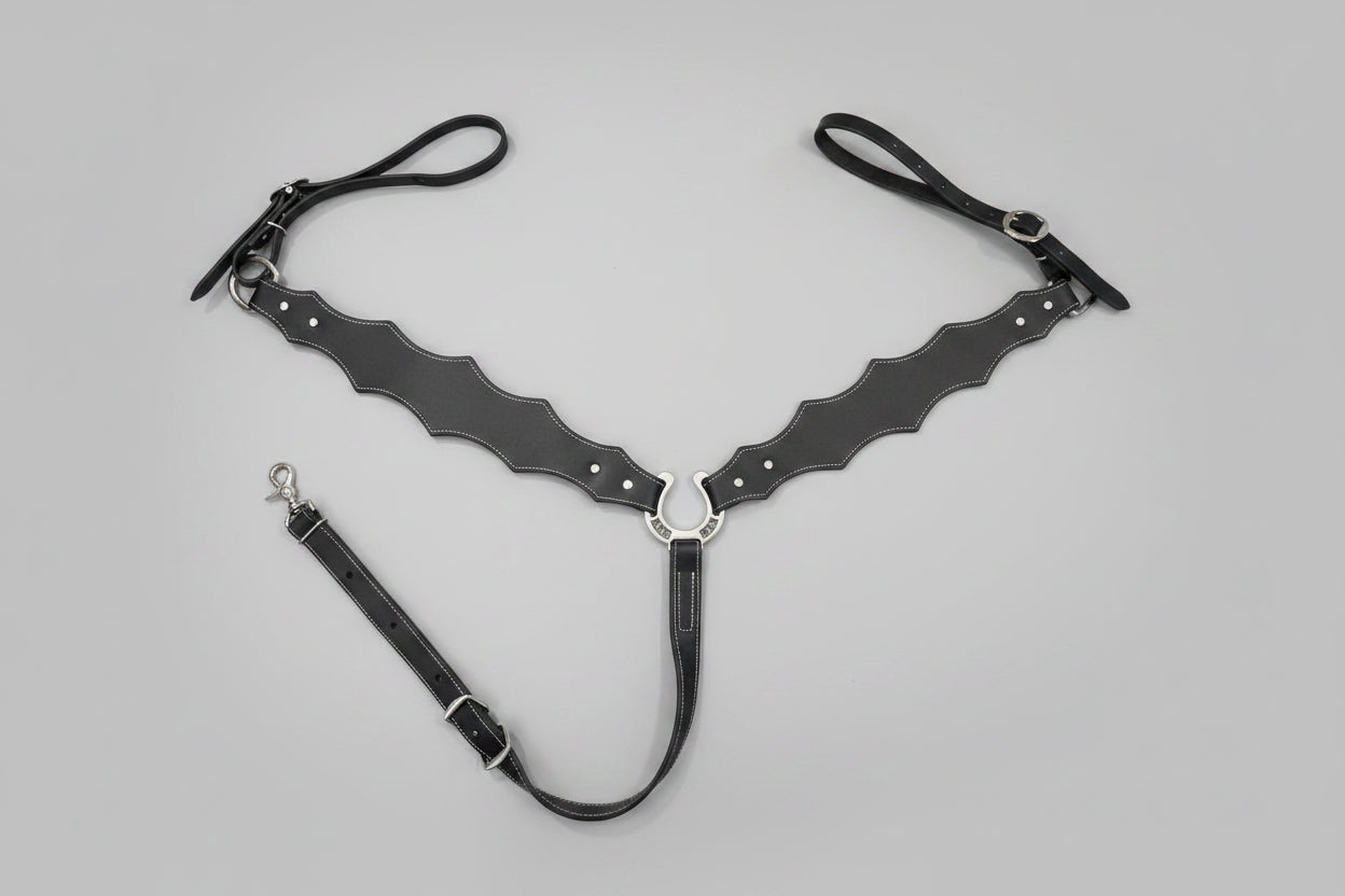 Handmade Leather Breast Collar Classic Black with White stitching – Premium Western Gear