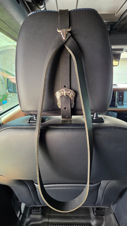 Handmade Leather Headrest Hat Holder – Premium Truck & SUV Cowboy Hat Hanger